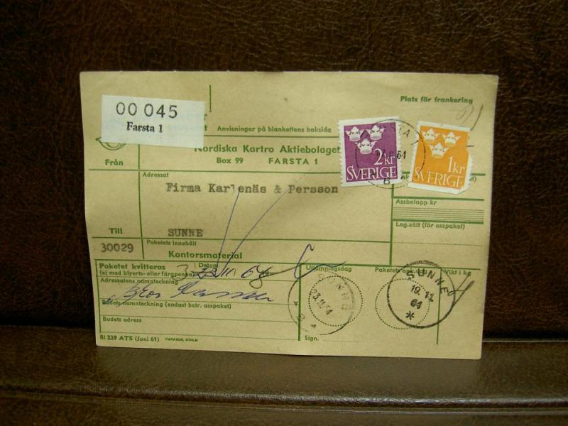 Paketavi med stämplade frimärken - 1964 - Farsta 1 till Sunne