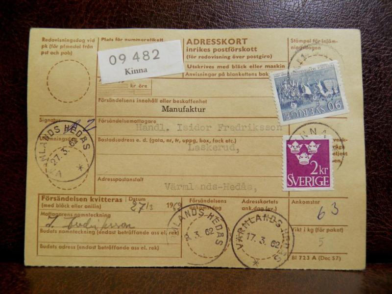 Frimärken på adresskort - stämplat 1962 - Kinna - Värmlands Hedås