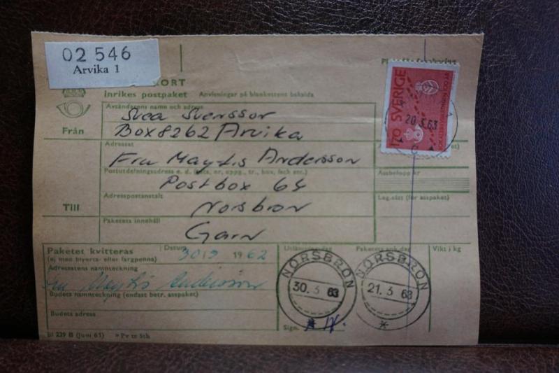 Frimärke på adresskort - stämplat 1963 - Arvika 1 - Norsbron