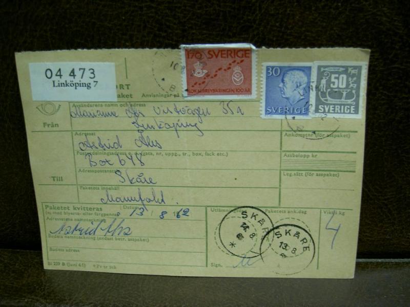 Paketavi med stämplade frimärken - 1962 - Linköping 7 till Skåre