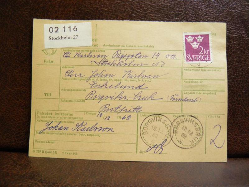 Frimärken på adresskort - stämplat 1962 - Stockholm 27 - Borgviksbruk 