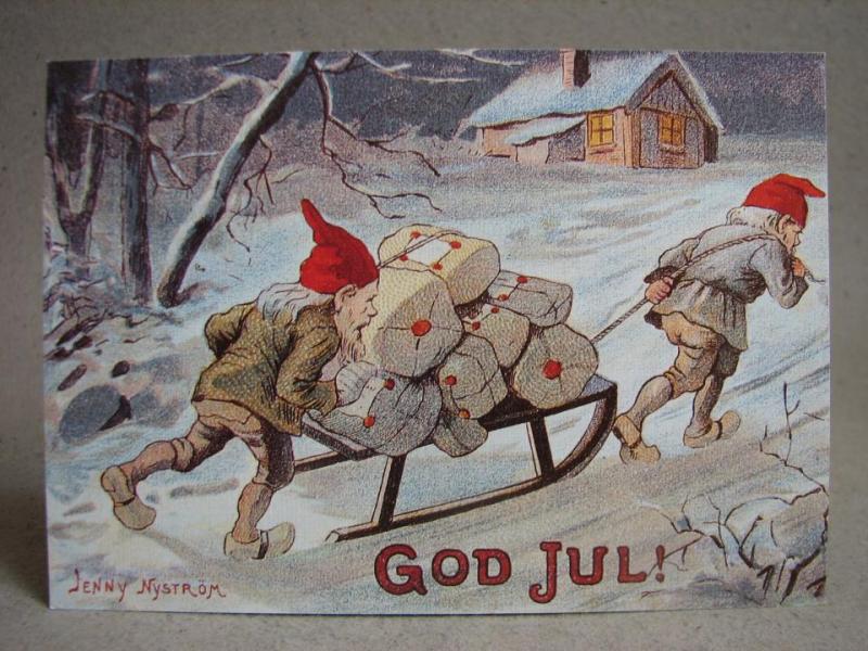 Vykort - Jenny Nyström - Tomtar - Ostämplat julfrimärke