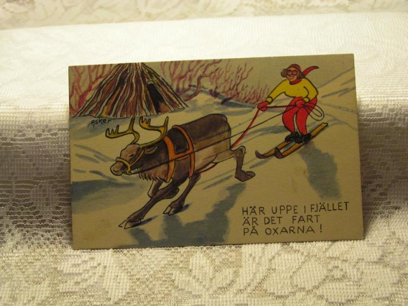 Oskrivet vykort med ren som drar skidåkare