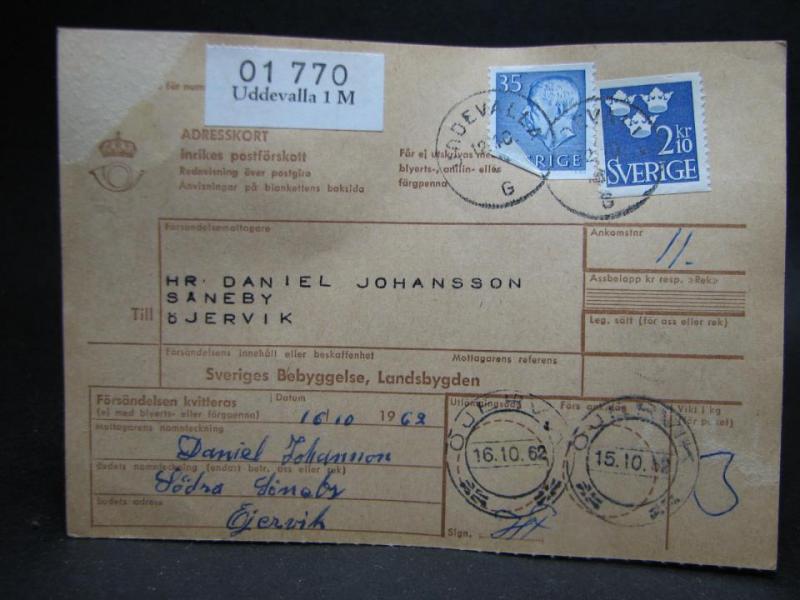 Adresskort med stämplade frimärken - 1962 - Uddevalla till Öjervik