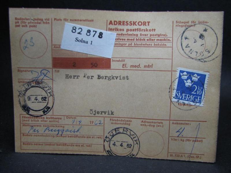 Adresskort med stämplade frimärken - 1962 - Solna till Öjervik
