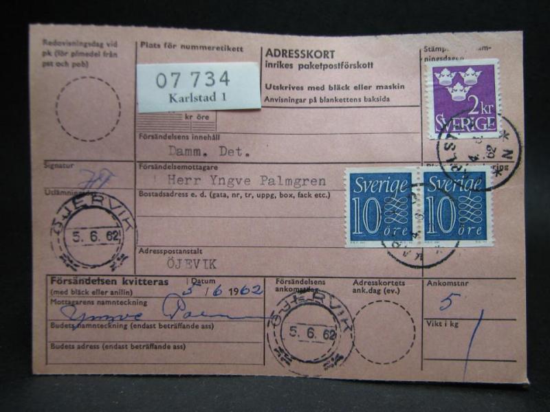 Adresskort med stämplade frimärken - 1962 - Karlstad till Öjervik