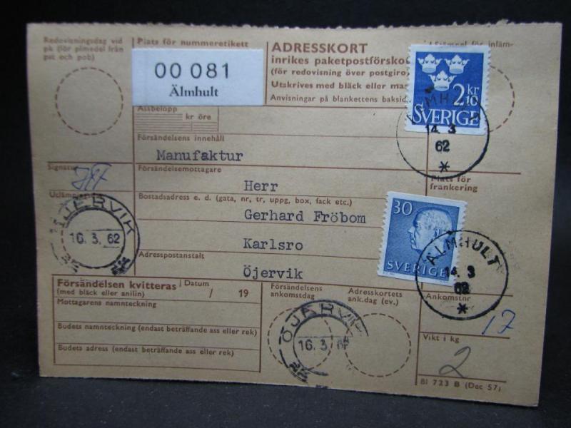 Adresskort med stämplade frimärken - 1962 - Älmhult till Öjervik