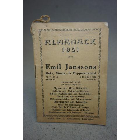 Almanacka 1931 Emil Janssons Bok Musik och Pappershandel Nora