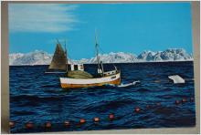 Fiskebåt på Lofoten Norway Aune kort Äldre Oskrivet