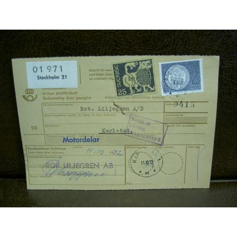 Paketavi med stämplade frimärken - 1972 - Stockholm 21 till Karlstad 1