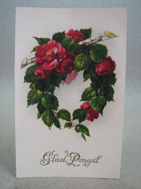 Blommor i krans - Glad Pingst - Antikt vykort
