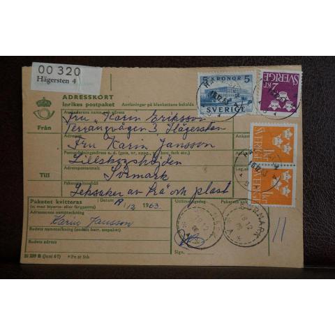 Frimärken  på adresskort - stämplat 1963 - Hägersten 4 - Sörmark