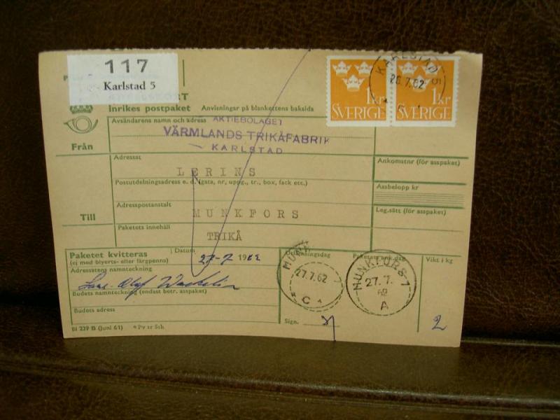 Paketavi med stämplade frimärken - 1962 - Karlstad 5 till Munkfors