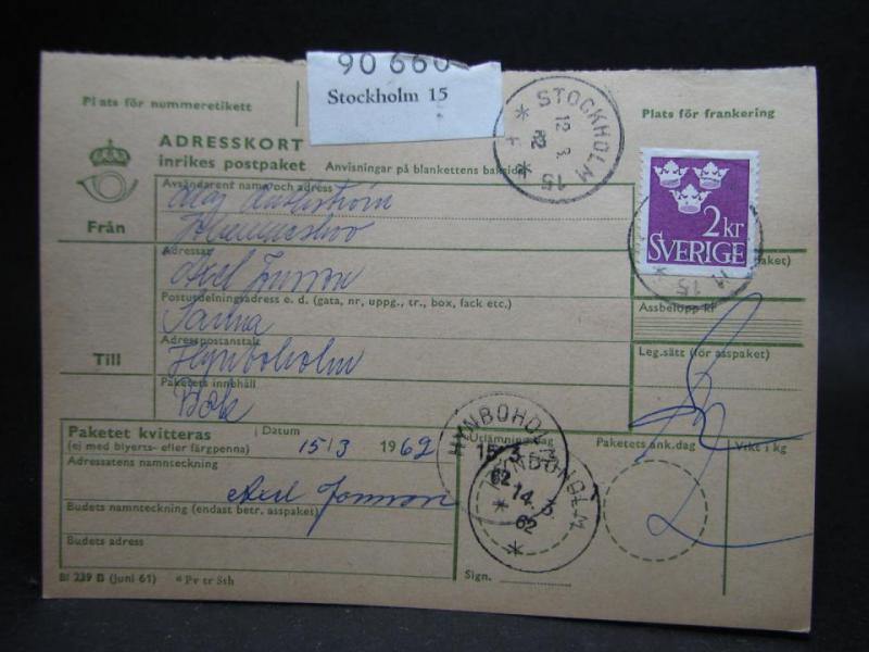Adresskort med stämplade frimärken - 1962 - Stockholm till Hynboholm