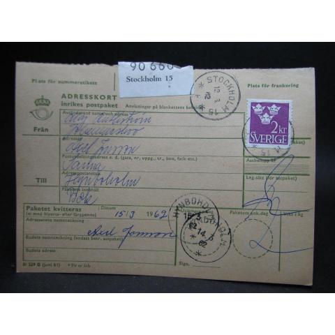 Adresskort med stämplade frimärken - 1962 - Stockholm till Hynboholm