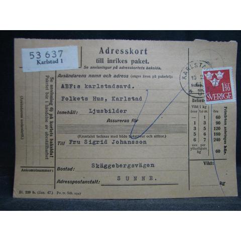 Adresskort med stämplade frimärken - 1964 - Karlstad till Sunne