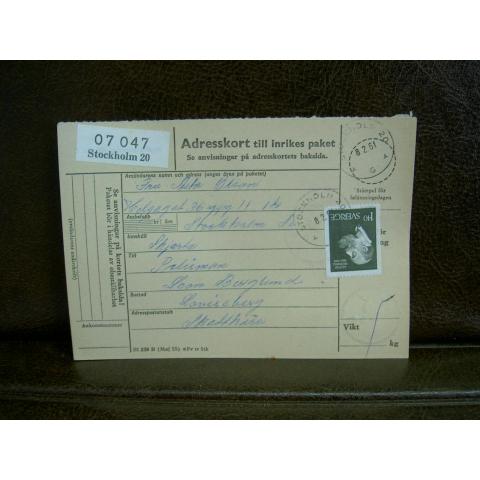 Paketavi med stämplade frimärken - 1961 - Stockholm 20 till Skattkärr