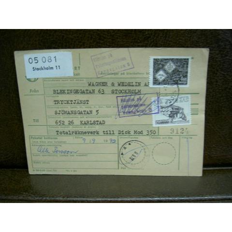 Paketavi med stämplade frimärken - 1972 - Stockholm 11 till Karlstad 1