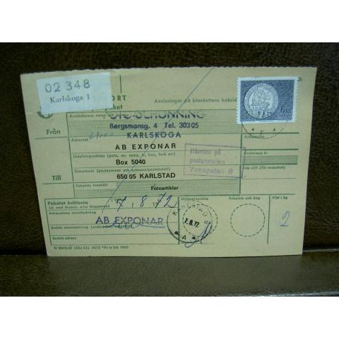Paketavi med stämplade frimärken - 1972 - karlskoga 1 till Karlstad 5
