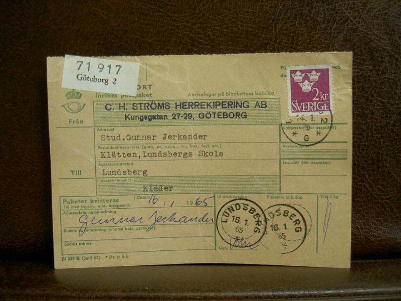 Frimärken på adresskort - stämplat 1965 - Göteborg 2 - Lundsberg