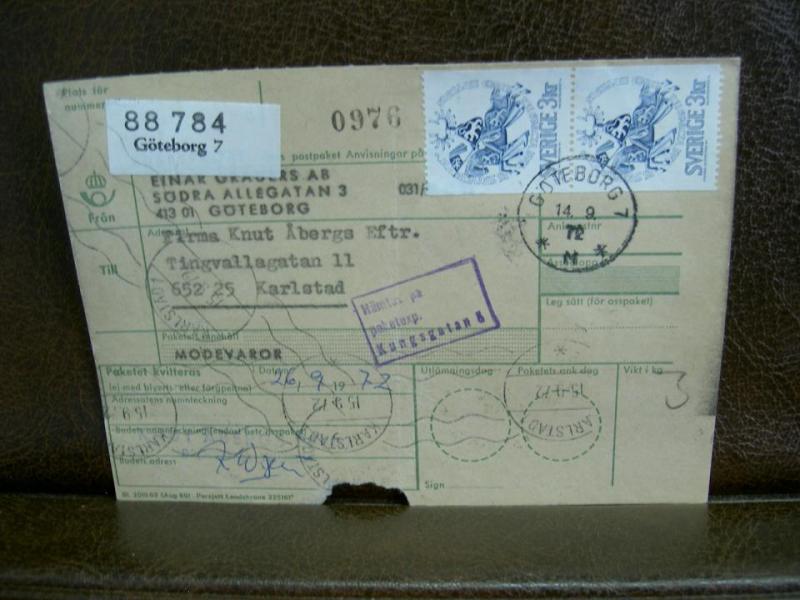 Paketavi med stämplade frimärken - 1972 - Göteborg 7 till Karlstad