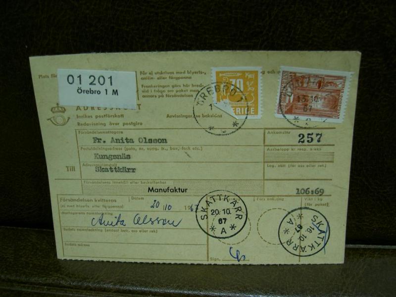 Paketavi med stämplade frimärken - 1967 - Örebro 1 till Skattkärr