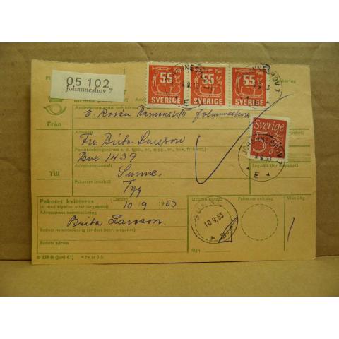 Frimärke  på adresskort - stämplat 1963 - Johanneshov 7 - Sunne