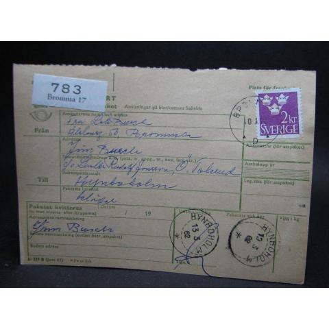 Adresskort med stämplade frimärken - 1962 - Bromma till Hynboholm