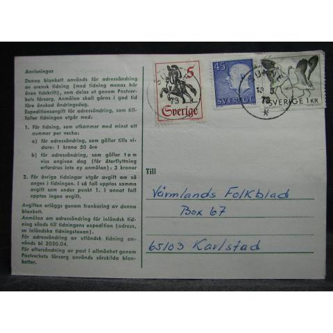 Adressndringskort med stämplade frimärken - 1973 - Sunne