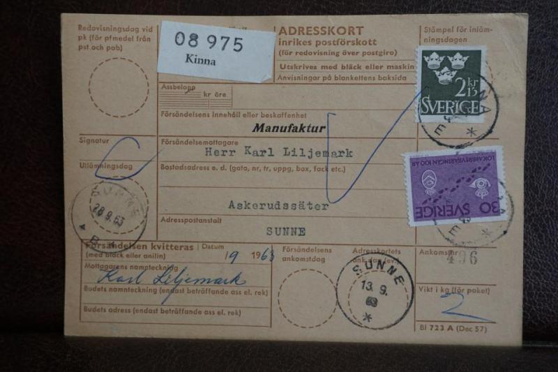 Frimärken  på adresskort - stämplat 1963 - Kinna - Sunne