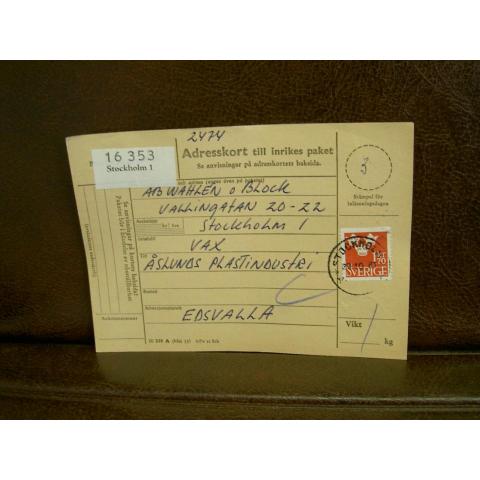 Paketavi med stämplade frimärken - 1961 - Stockholm 1 till Edsvalla