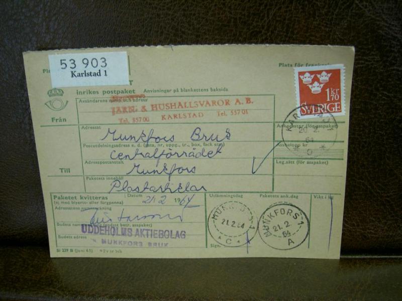 Paketavi med stämplade frimärken - 1964 - Karlstad 1 till Munkfors