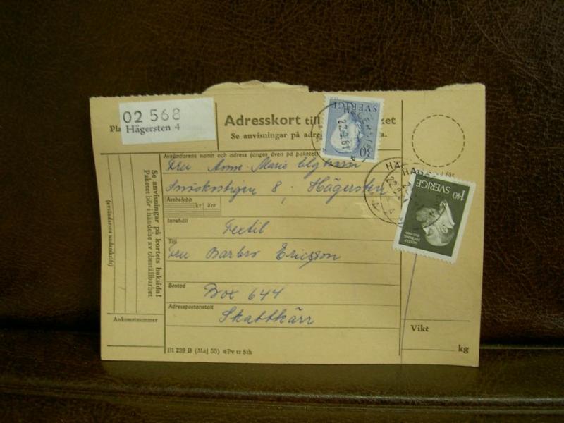 Paketavi med stämplade frimärken - 1961 - Hägersten 4 till Skattkärr