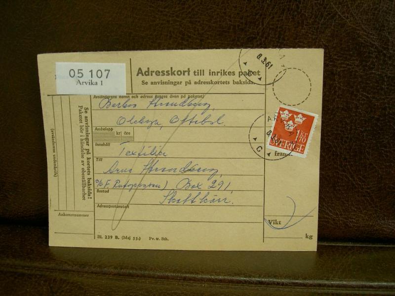 Paketavi med stämplade frimärken - 1961 - Arvika 1 till Skattkärr