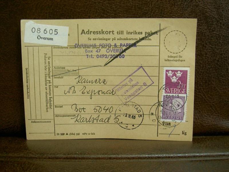 Frimärken på adresskort - stämplat 1965 - Överum - Karlstad 5