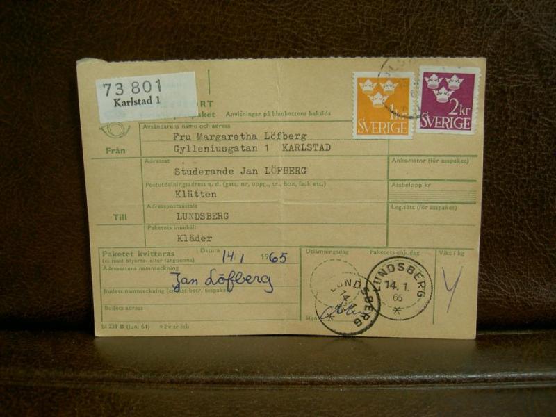 Frimärken på adresskort - stämplat 1965 - Karlstad 1 - Lundsberg