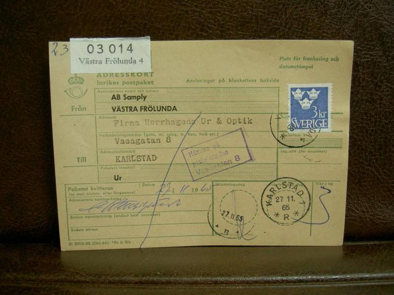 Frimärken  på adresskort - stämplat 1965 - Västra Frölunda 4 - Karlstad 