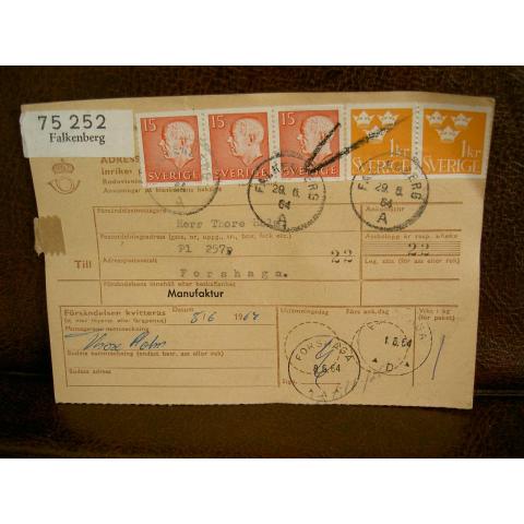 Paketavi med stämplade frimärken - 1964 - Falkenberg till Forshaga