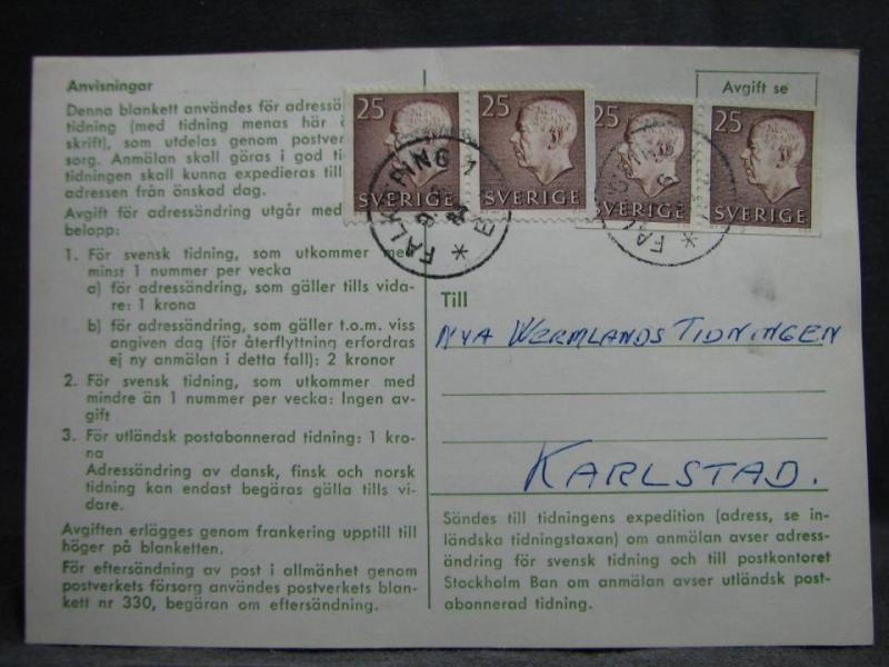 Adressändringskort med stämplade frimärken - 1964 - Falköping