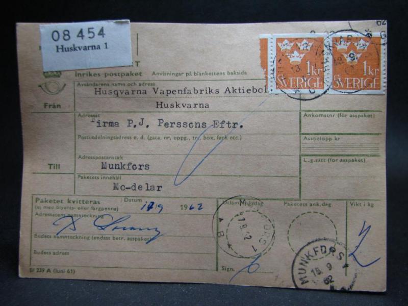 Adresskort med stämplade frimärken - 1962 - Huskvarna till Munkfors