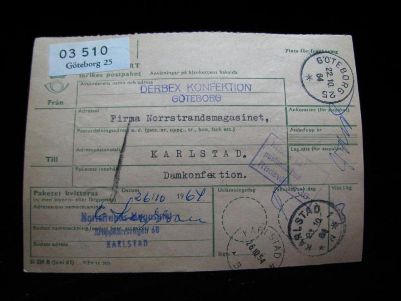 Adresskort med stämplade frimärken - 1964 - Göteborg till Karlstad