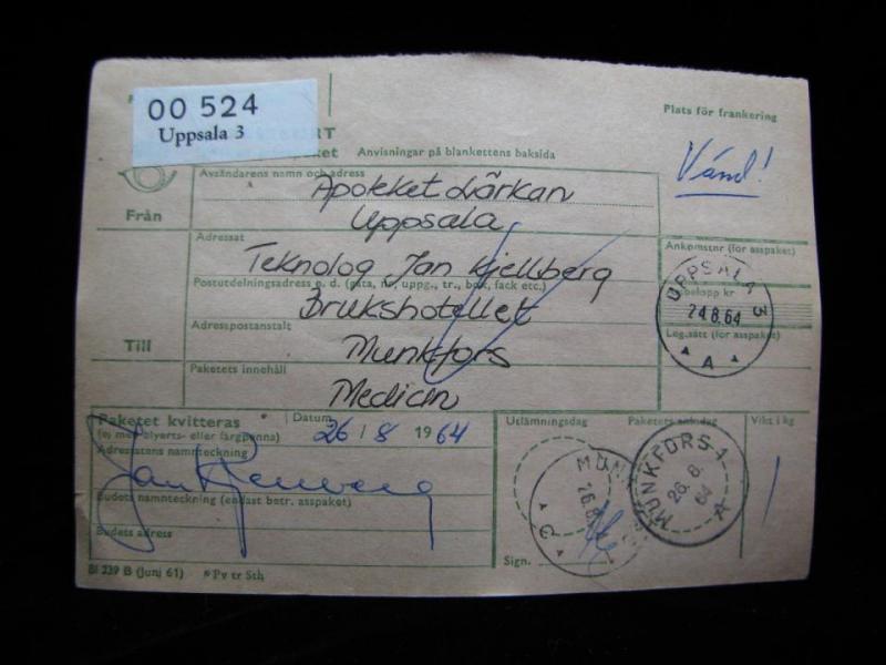 Adresskort med stämplade frimärken - 1964 - Uppsala till Munkfors