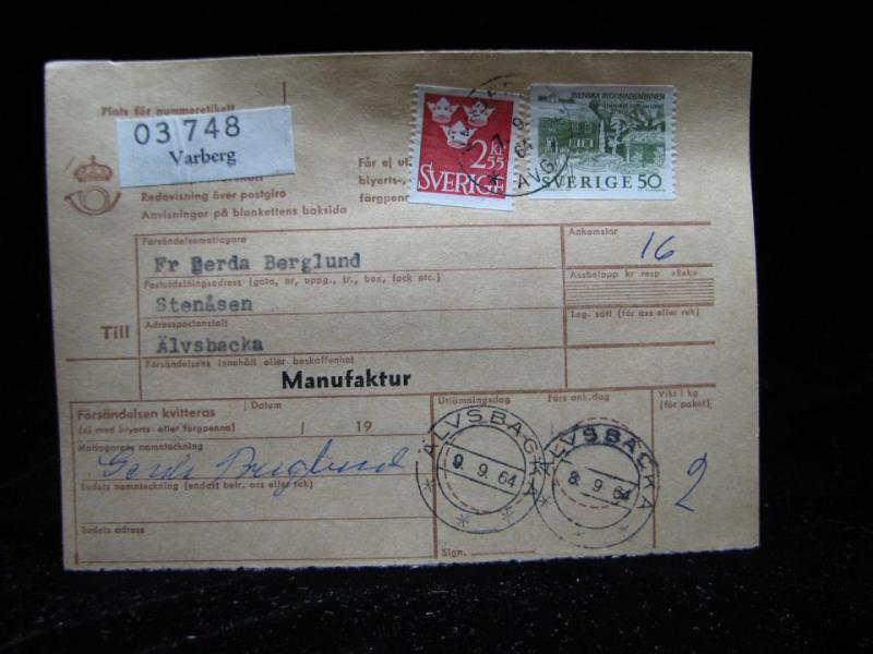 Adresskort med stämplade frimärken - 1964 - Varberg till Älvsbacka