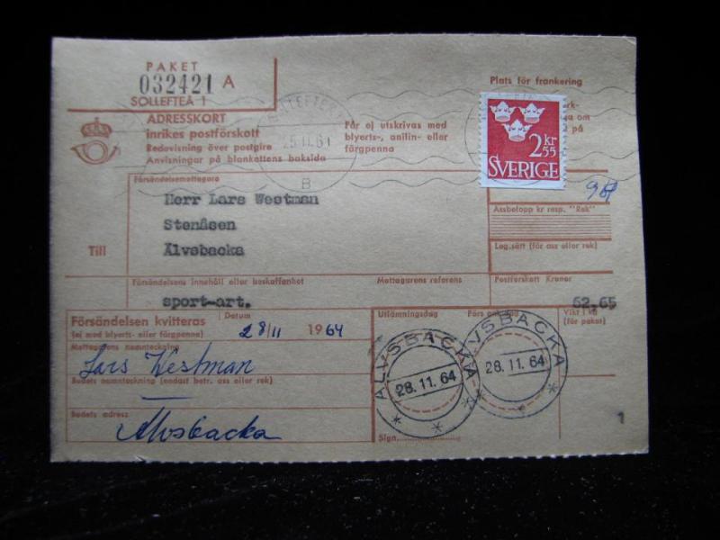 Adresskort med stämplade frimärken - 1964 - Sollefteå till Älvsbacka