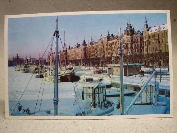 Vykort - Fartyg i vintervy vid Strandvägen - Stockholm 1973