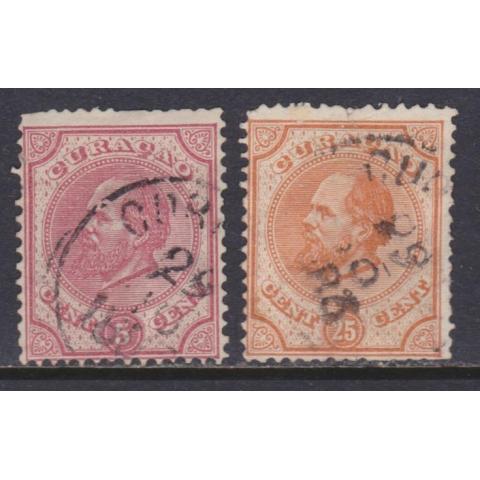 Curacao, 5 och 25 cent 1870-80-talet stämplade i dålig kvalité.