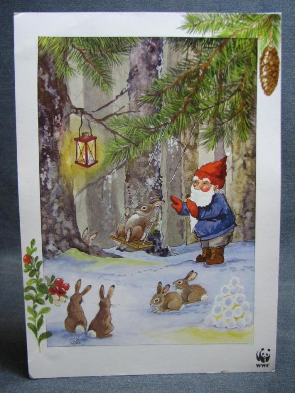 Vykort jul Tomte och kanin