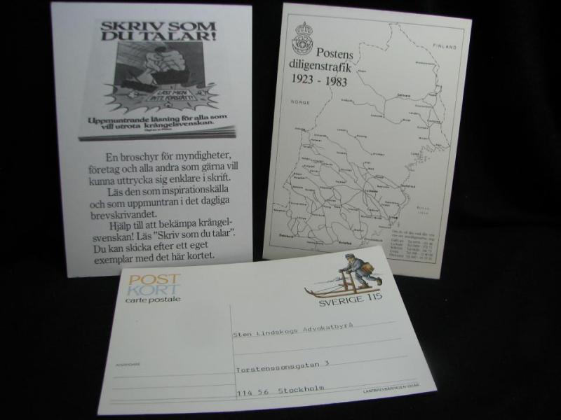 3 vykort - bla. Postens Diligenstrafik 1923-1983 i Norra Sverige