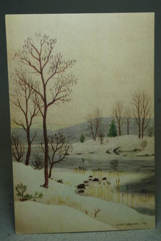 Gammalt vykort - Svensk Bygd Vinter av Oskar Bergman 1945