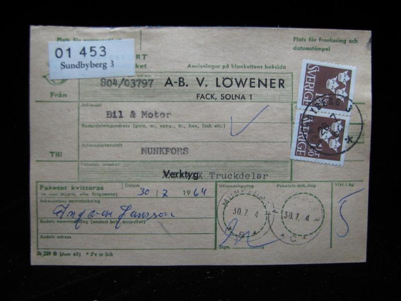 Adresskort med stämplade frimärken - 1964 - Sundbyberg till Munkfors